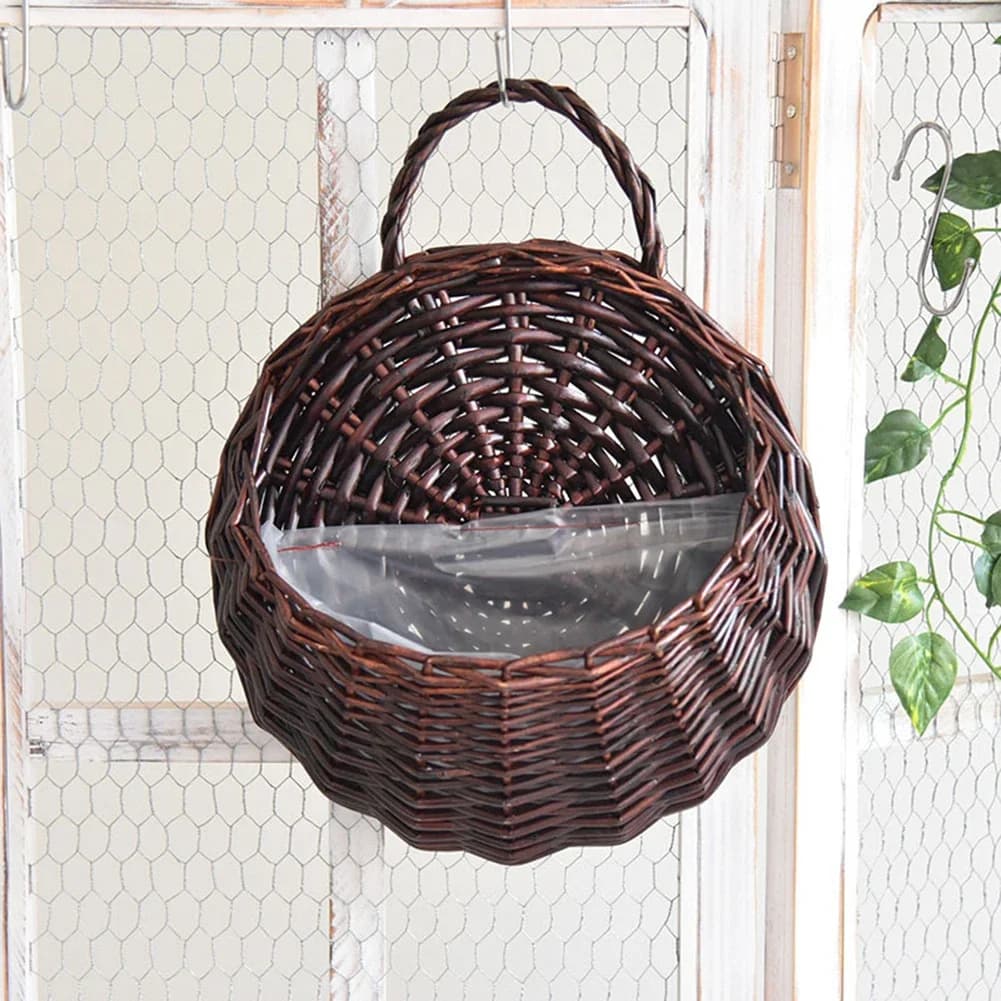 Cesta de vime marrom escuro para parede com revestimento plástico interno, plantador suspenso