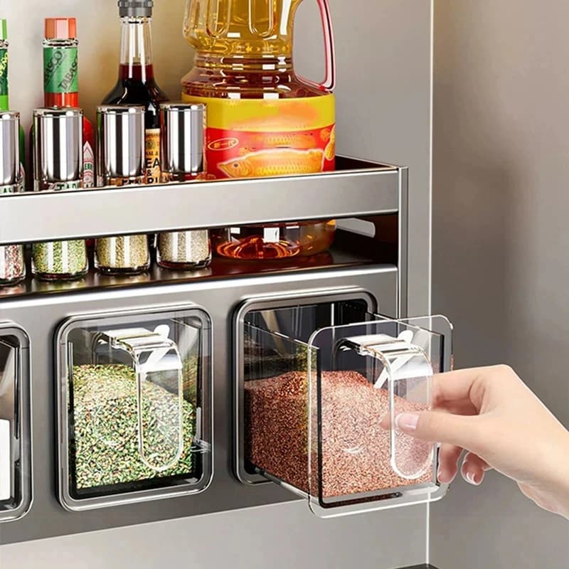 Prateleira de especiarias de aço inox com 2 níveis e 4 compartimentos transparentes removíveis
