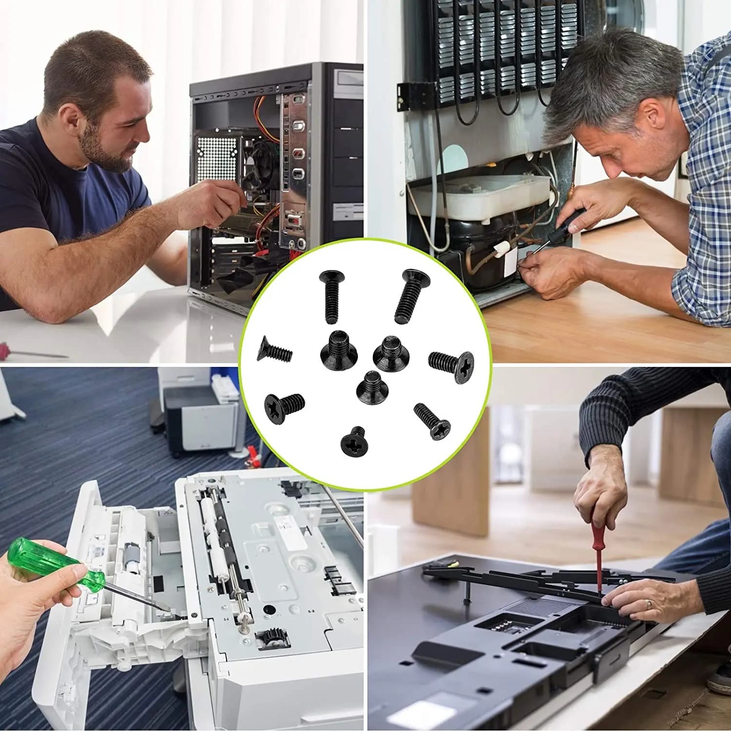 Parafusos pretos para notebook usados em reparos de computadores, impressoras e eletrodomésticos