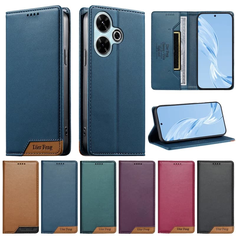 Capa de couro magnética com função de carteira para Xiaomi, várias cores, compartimento para cartão, alça de metal, gravado 'Dier Feng'.