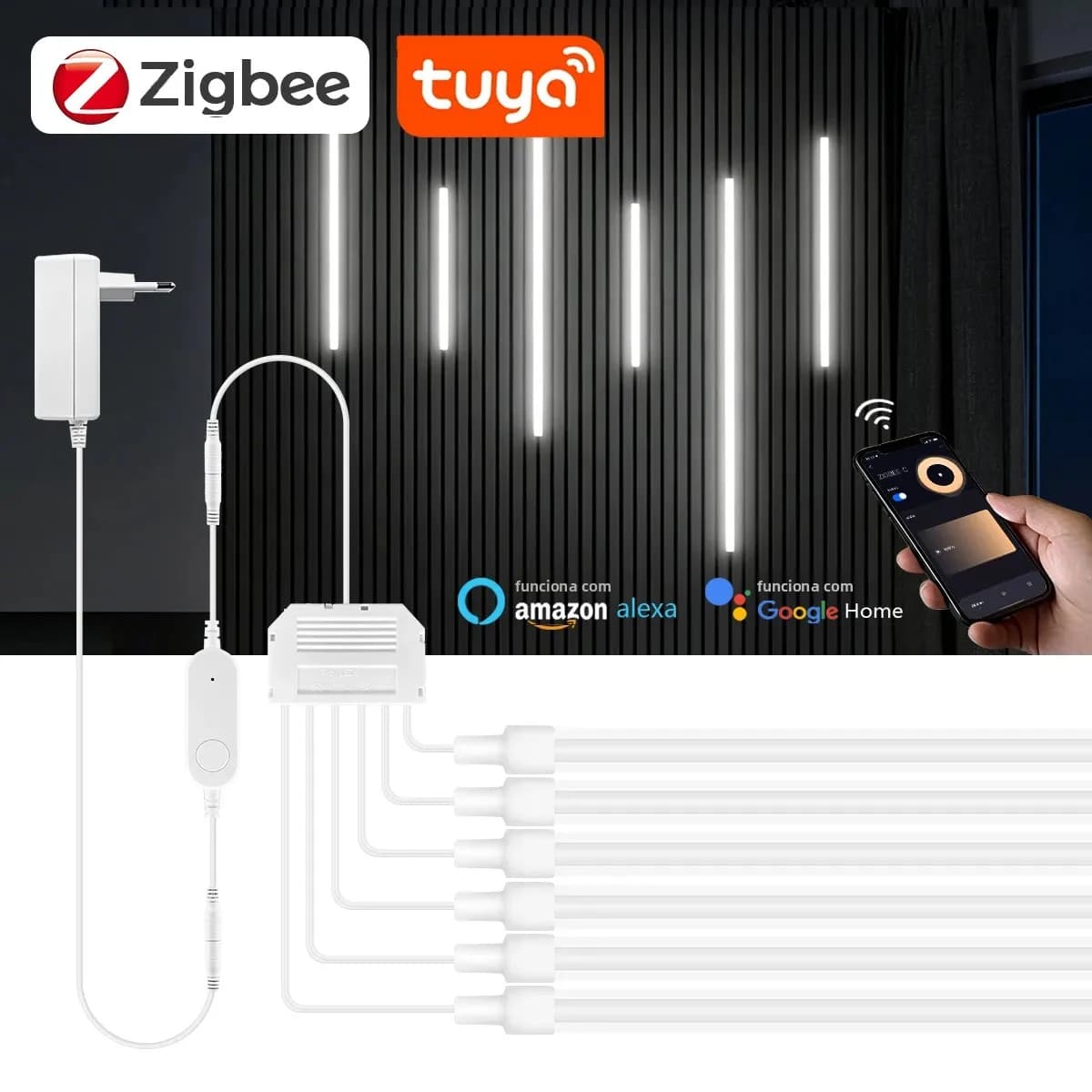 Fita de LED COB inteligente Zigbee, kit de 1 a 6 peças, alta luminosidade, compatível com Zigbee Hub Gateway, Alexa e Google Home