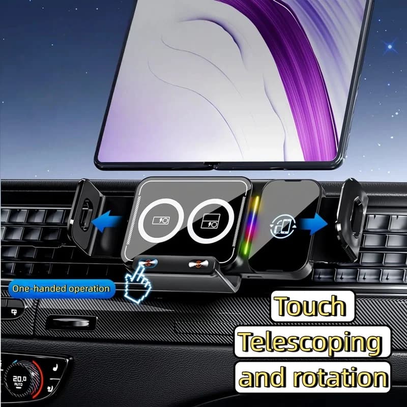 Suporte veicular preto para smartphone com carregamento sem fio e rotação 360° para Samsung Galaxy Fold e iPhone