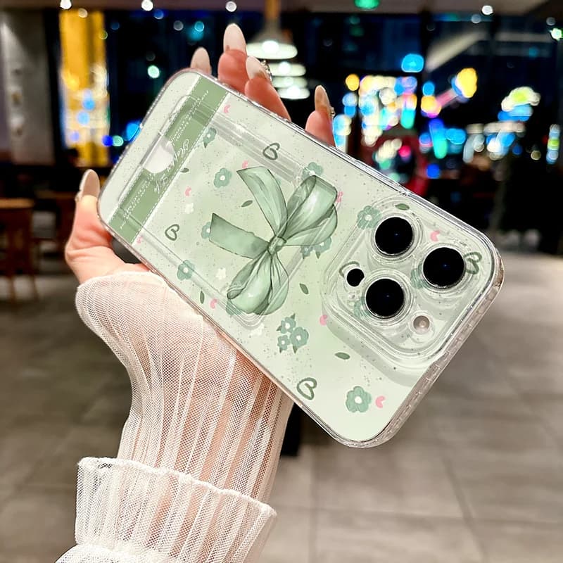 Capa para celular Poco Xiaomi transparente com laço verde e detalhes florais, estilo carteira integrada