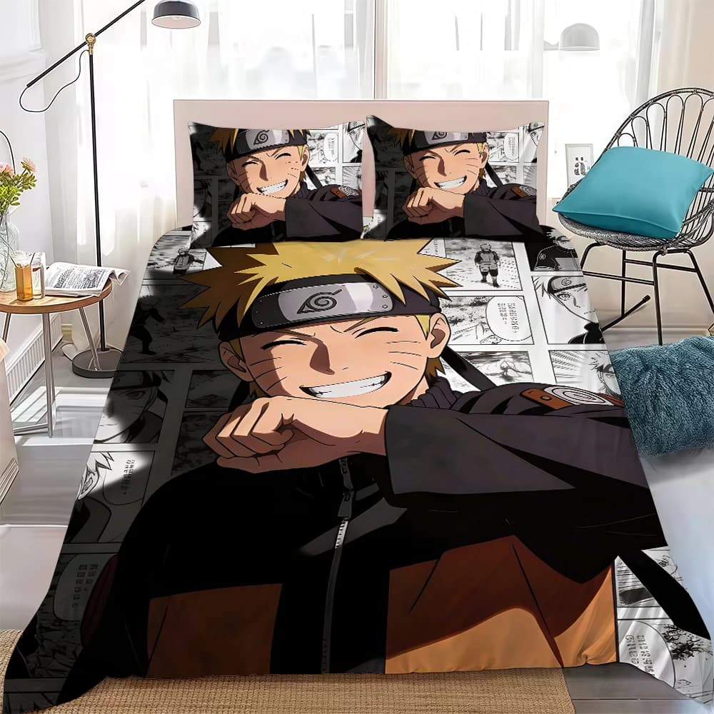 Conjunto de capa de edredom Naruto, anime, cama com fundo cinza, personagem principal com cabelo loiro e olhos azuis.