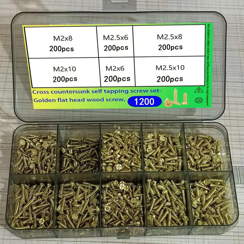 Kit de parafusos auto-roscantes cabeça plana dourada em compartimentos transparentes