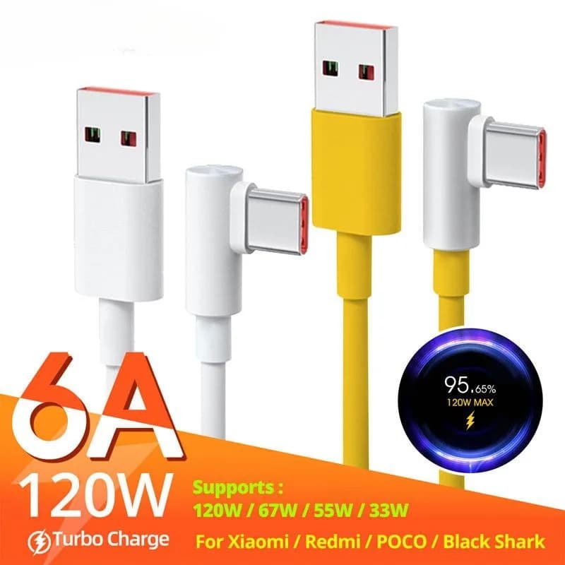 Cabo USB Tipo C Xiaomi Turbo carregamento 120W 6A amarelo e branco para Xiaomi Redmi POCO Black Shark