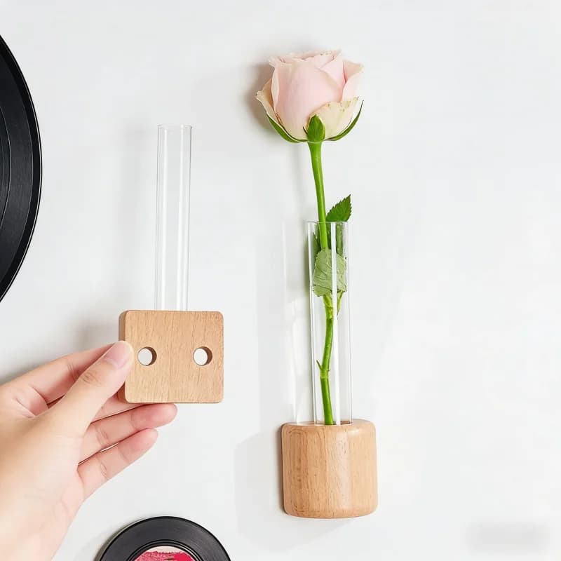 Vaso de parede magnético Jácotei com base de madeira natural e tubo de ensaio transparente com rosa clara