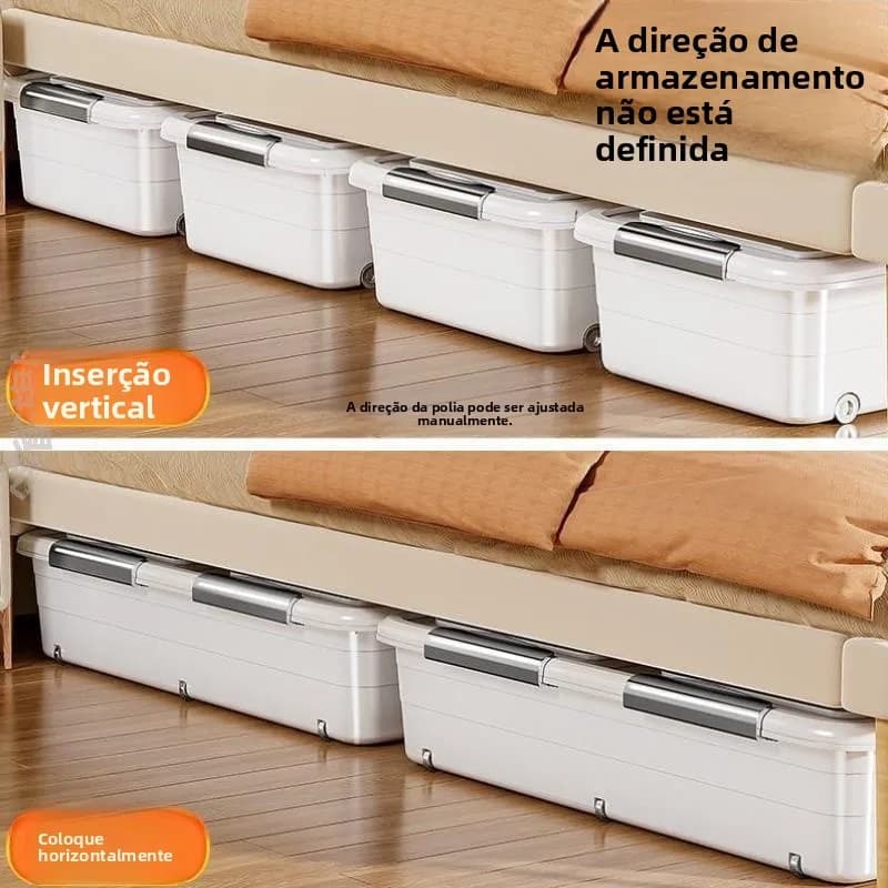 Caixas organizadoras plásticas transparentes sob a cama com rodas e tampas deslizantes, para armazenamento de roupas e cobertores.