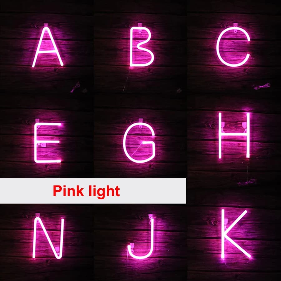 Sinal de luz neon em forma de letra G, A, H, O, X, Y, M e número 2 em cores neon. Decoração de parede LED.