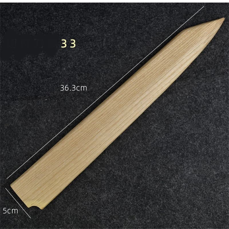 Bainha de madeira castanho para faca japonesa com medidas detalhadas 36,3 cm por 5 cm