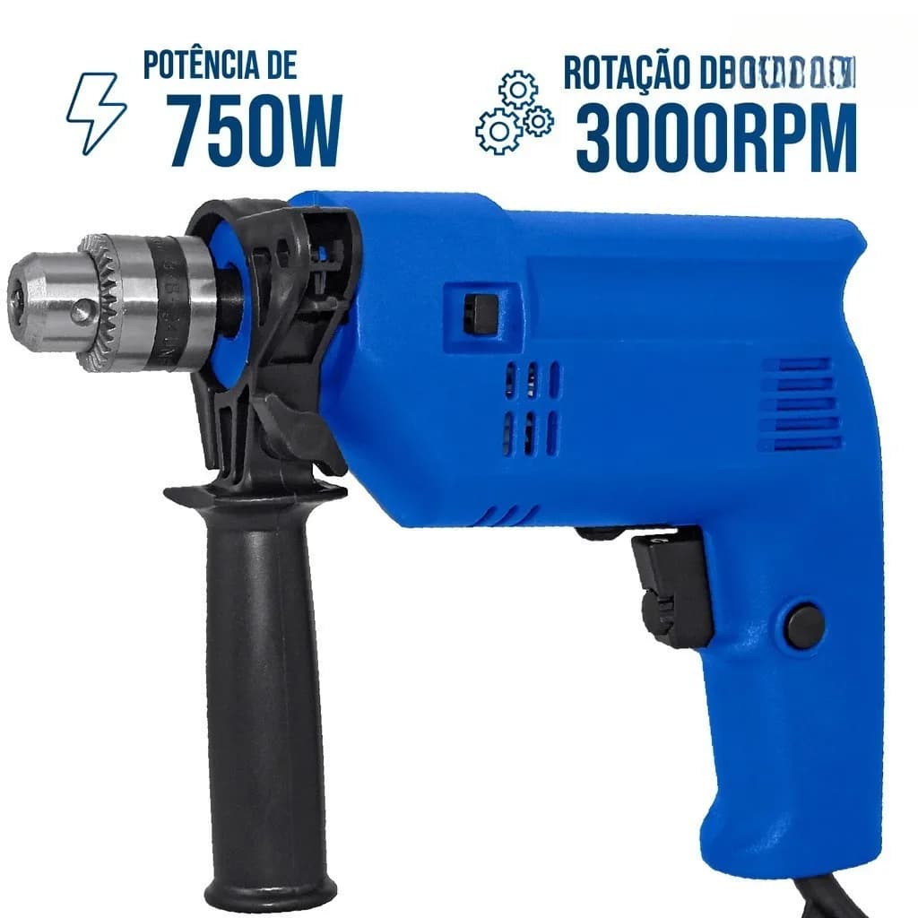 Furadeira elétrica azul e preta com gatilho preto e empunhadura ergonômica, 750W, 3000 RPM