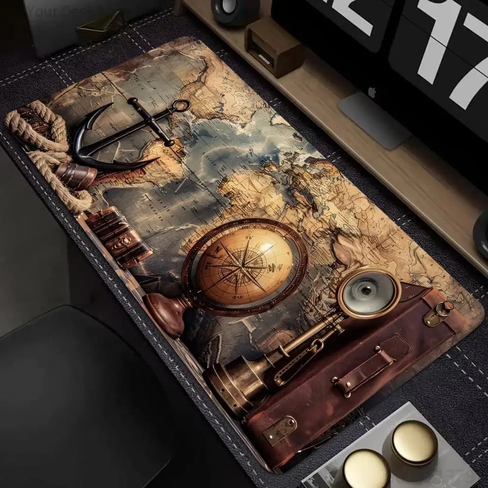 Tapete de rato grande com borda costurada e estampa de mapa náutico vintage, antiderrapante para jogos e escritório