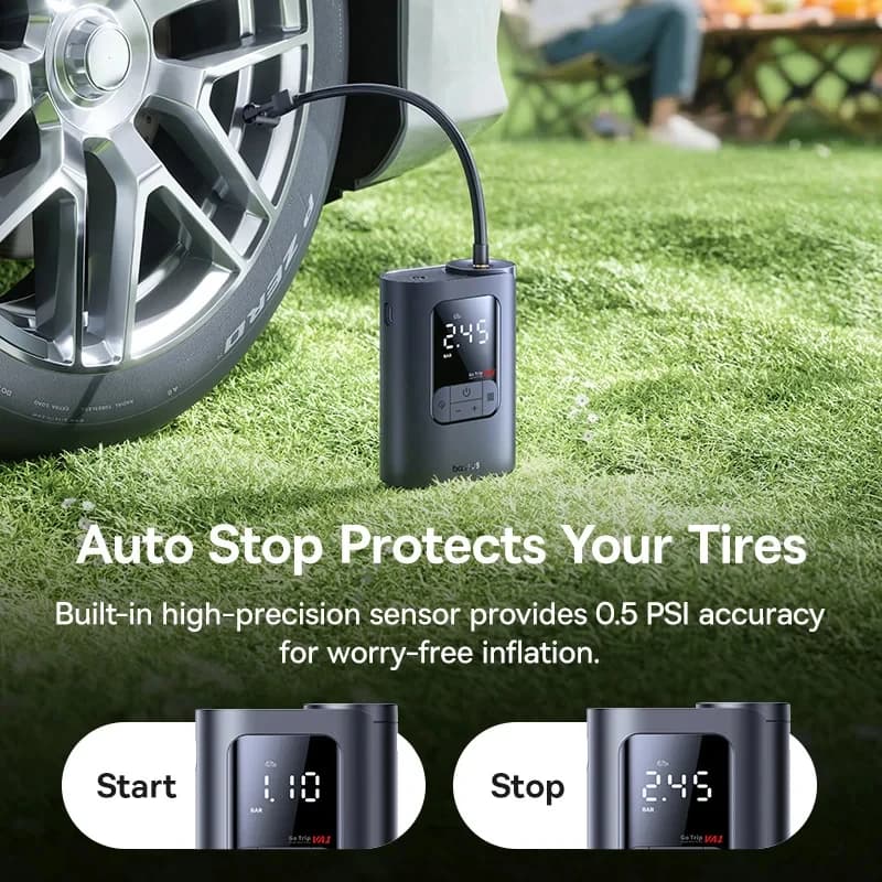 Bomba de ar portátil preta para carro, moto e bicicleta com display digital e 7500mAh
