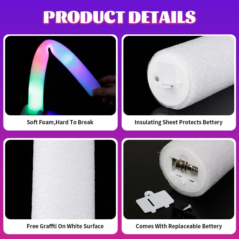 Detalhes da vara de LED para festa com espuma flexível, bateria substituível e superfície branca para grafite