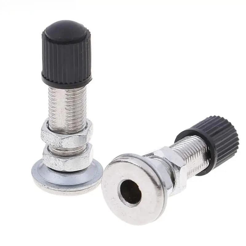 Duas válvulas Schrader de 31mm em liga de zinco para bicicletas, tampas pretas e parafusos de fixação