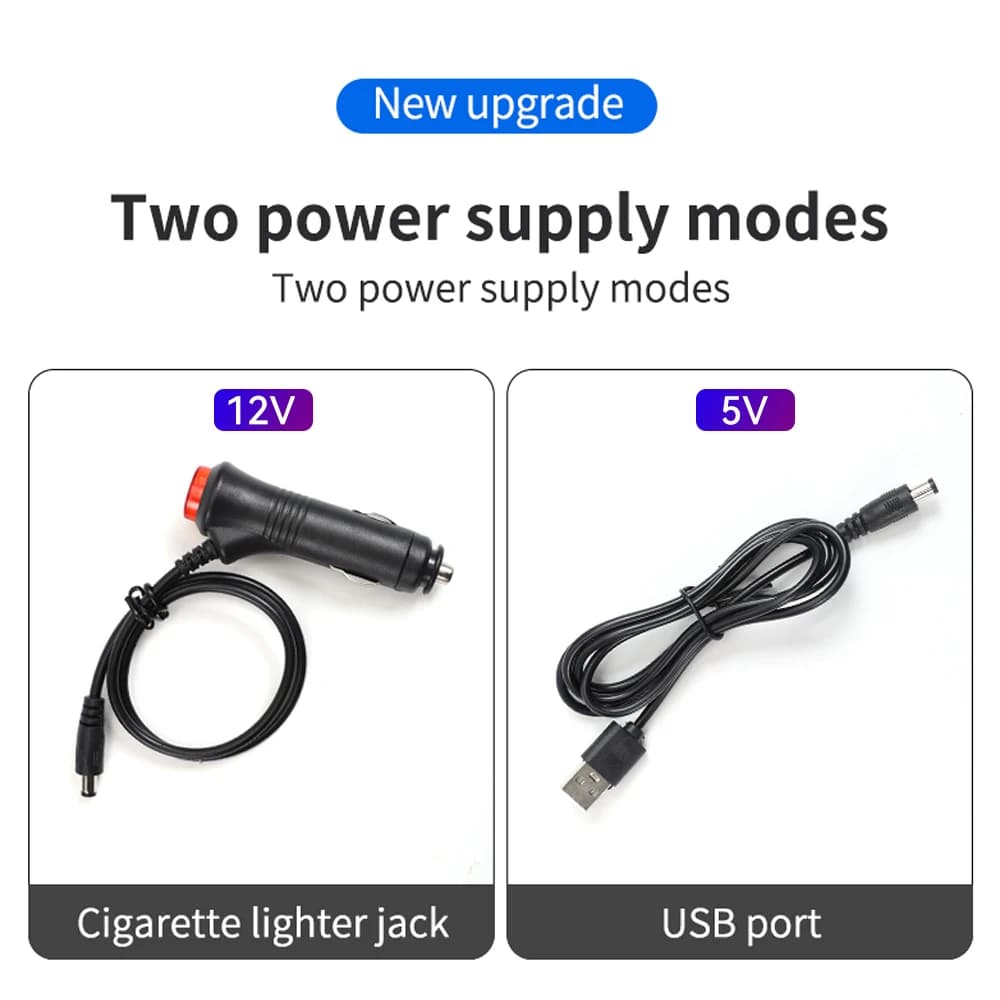 Modos de alimentação da luz ambiente automotiva LED com cabo USB 5V e adaptador para isqueiro 12V