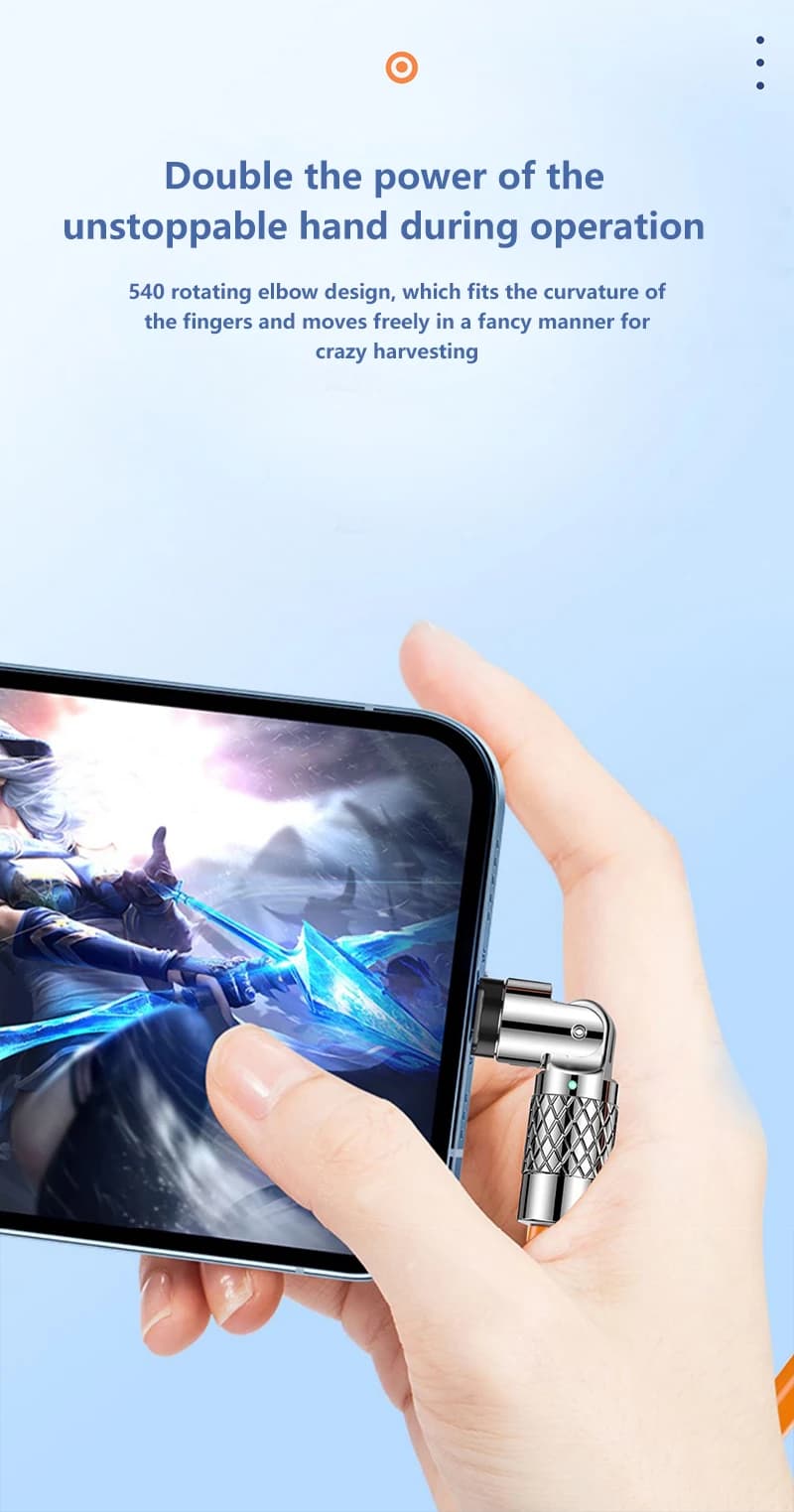 Cabo USB Tipo C gamer com conector rotativo 180 graus em uso com smartphone para jogos