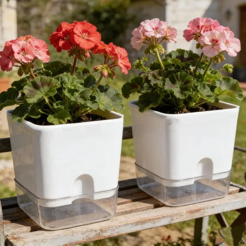 Vasos autoirrigáveis brancos quadrados com plantas floridas, dupla camada transparente para suculentas