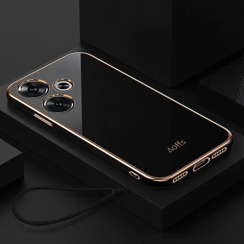 Capa para celular Redmi 13 preta com borda dourada em silicone macio à prova de choque com logo Aoffs