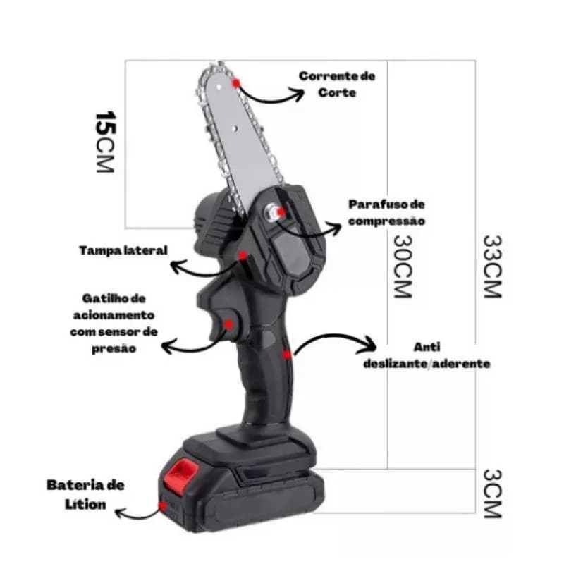 Mini Motosserra Elétrica de 4 Polegadas Recarregável Bivolt para Poda e Jardinagem com Som de Bateria