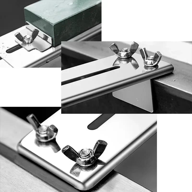 Detalhes do afiador de faca em aço inox com parafusos de fixação e suporte para pia ajustável