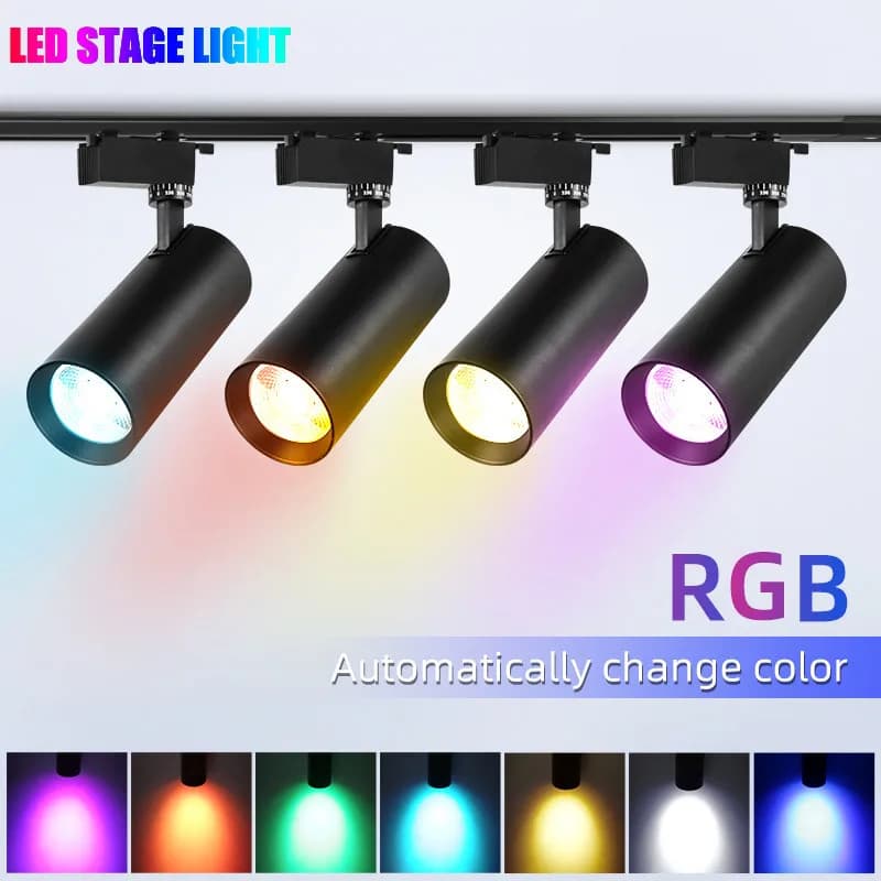 Luzes RGB LED para palco com trilho, mudam automaticamente de cor, ideal para decoração de interiores.