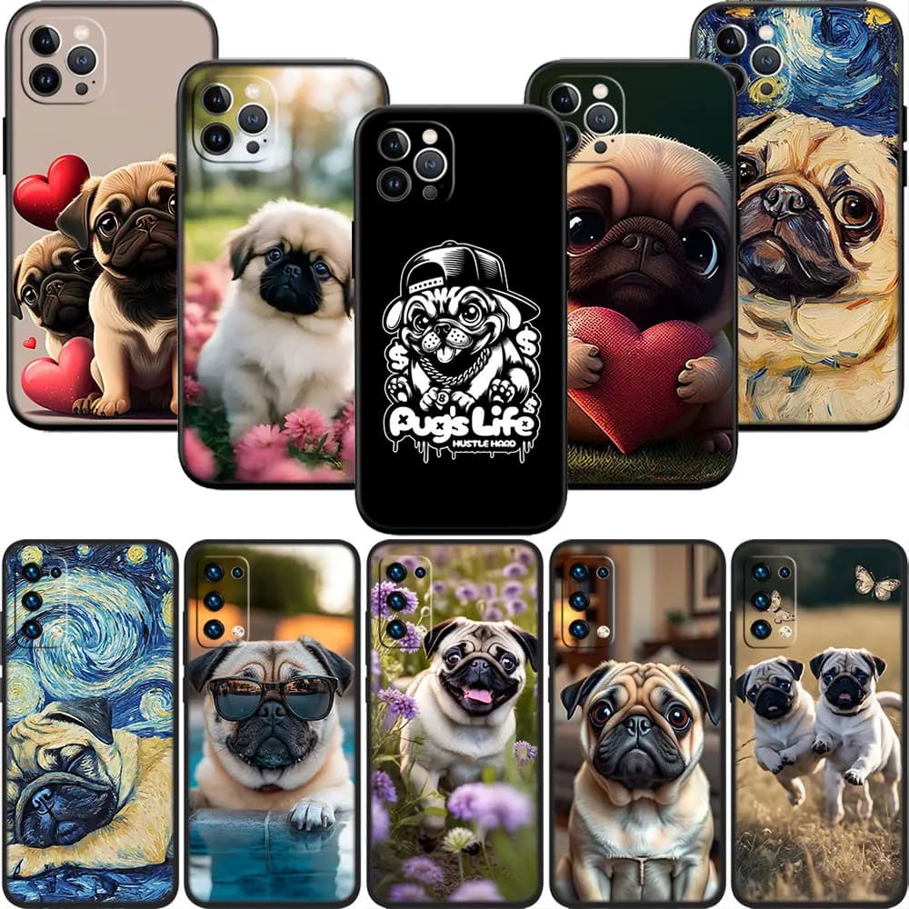 Capas de telefone com design de pugs, um segurando um coração, estilo Van Gogh, fundo escuro e claro com coração.