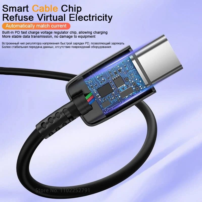 Cabo USB tipo C preto com chip inteligente para carregamento rápido e transmissão estável de dados