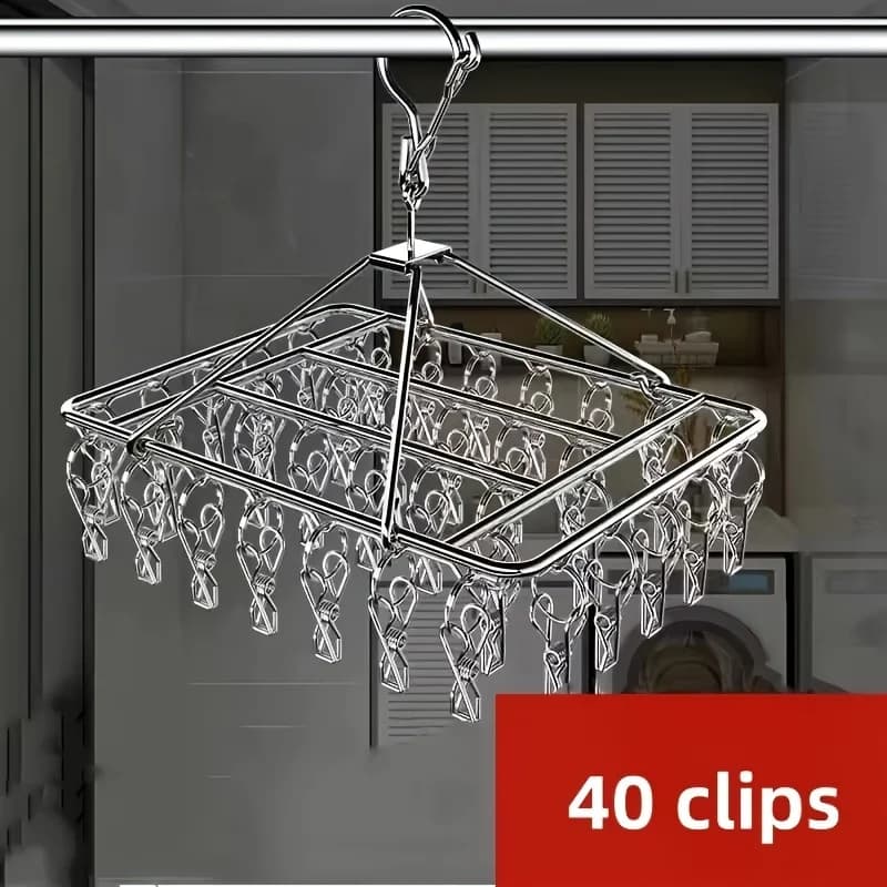 Cabide de roupas de aço inoxidável com 40 ganchos rotativos anti-vento para uso interno/externo