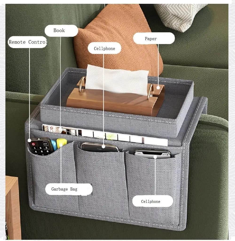 Organizador de braço de sofá com compartimentos para copos, controle remoto, livros, papel, celular, sacola de lixo e bandeja para garrafa de água