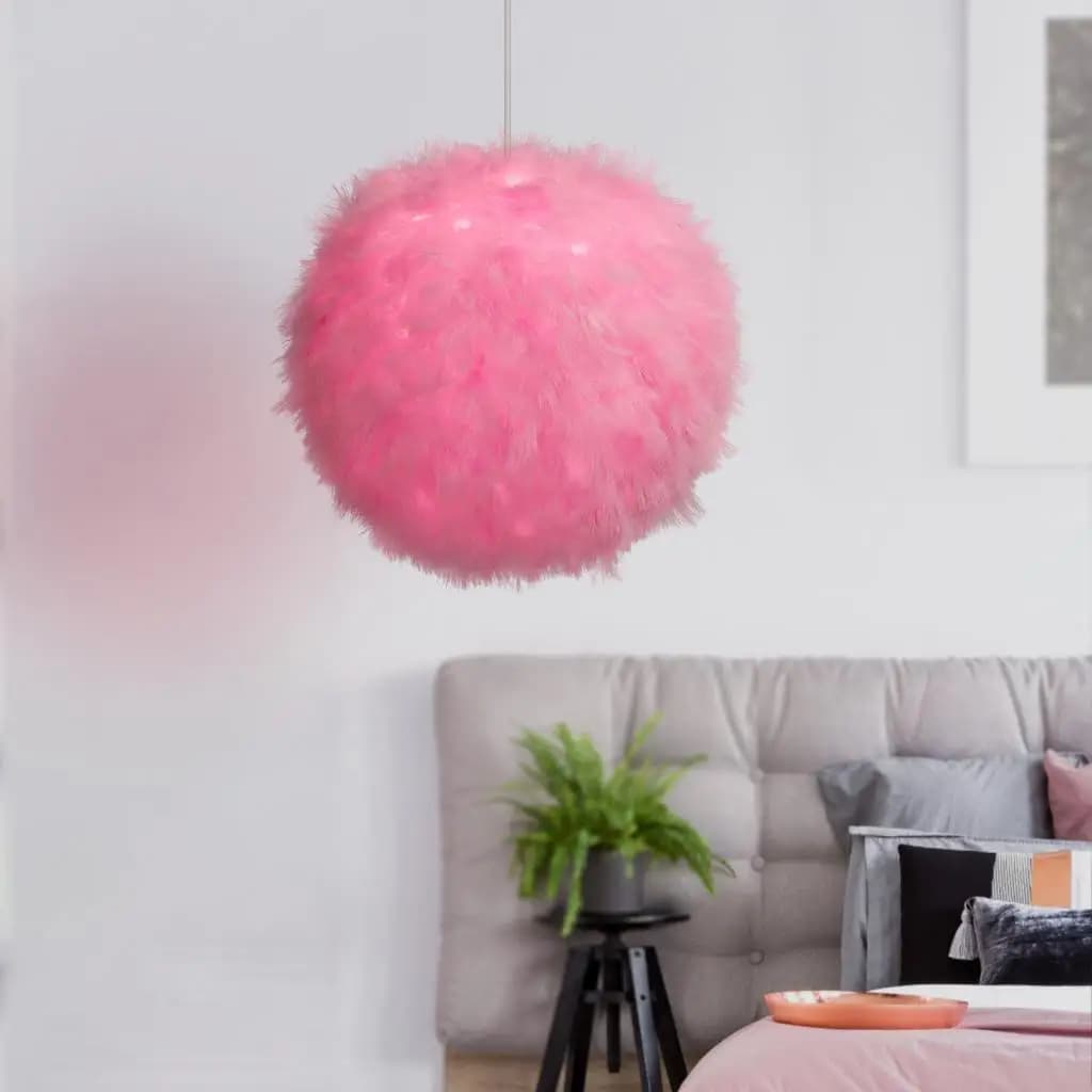 Luminária pendente rosa com penas, design decorativo moderno para quarto e sala