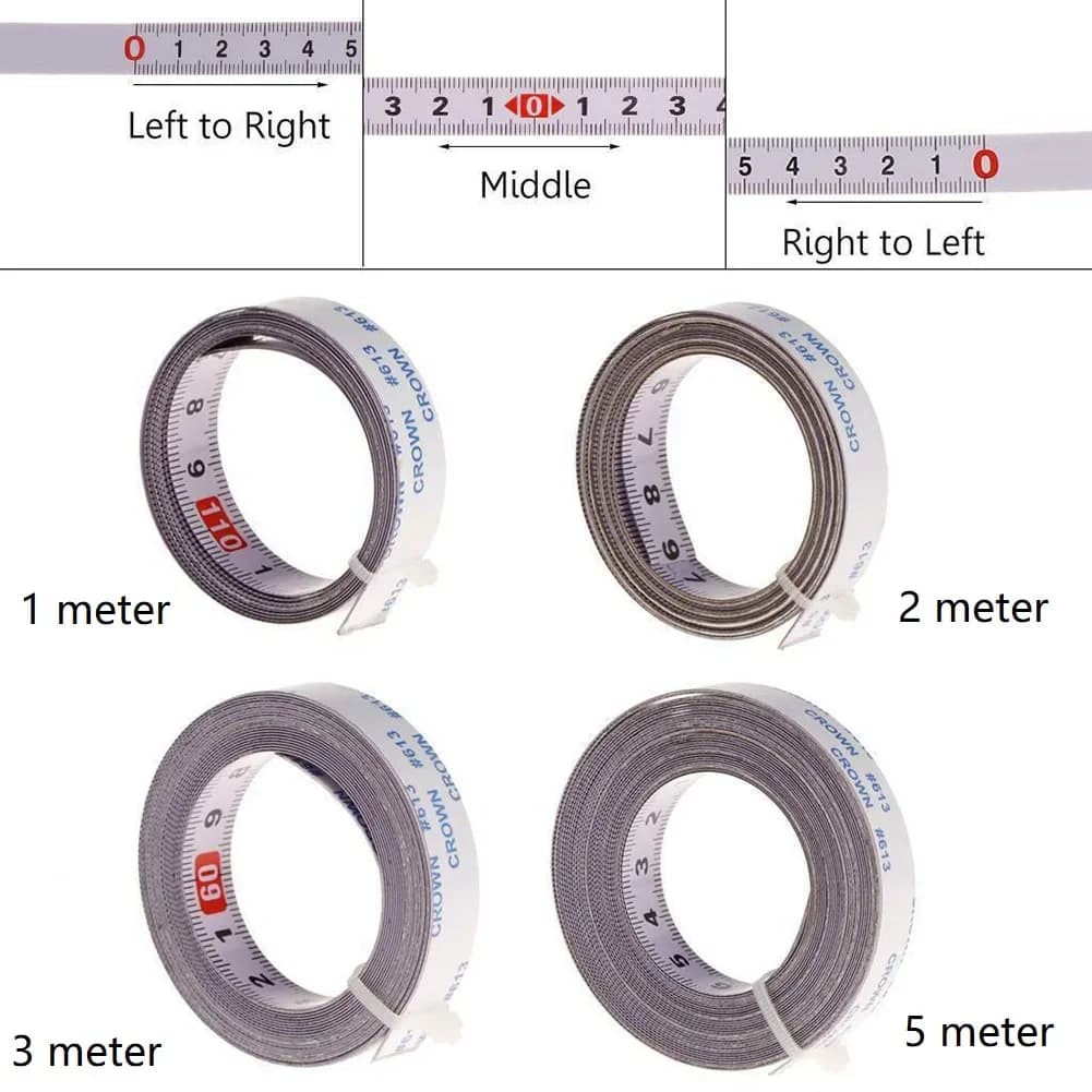 Fita métrica autoadesiva de aço inoxidável com escalas numeradas de 0 a 10, indicações de Middle, Left to Right e Right to Left.