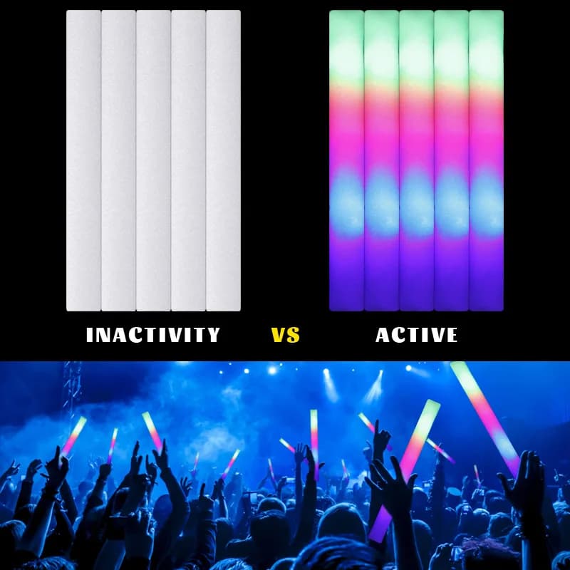 Comparação de varas de LED Jácotei brilho RGB inativas e ativas em festa com luzes coloridas
