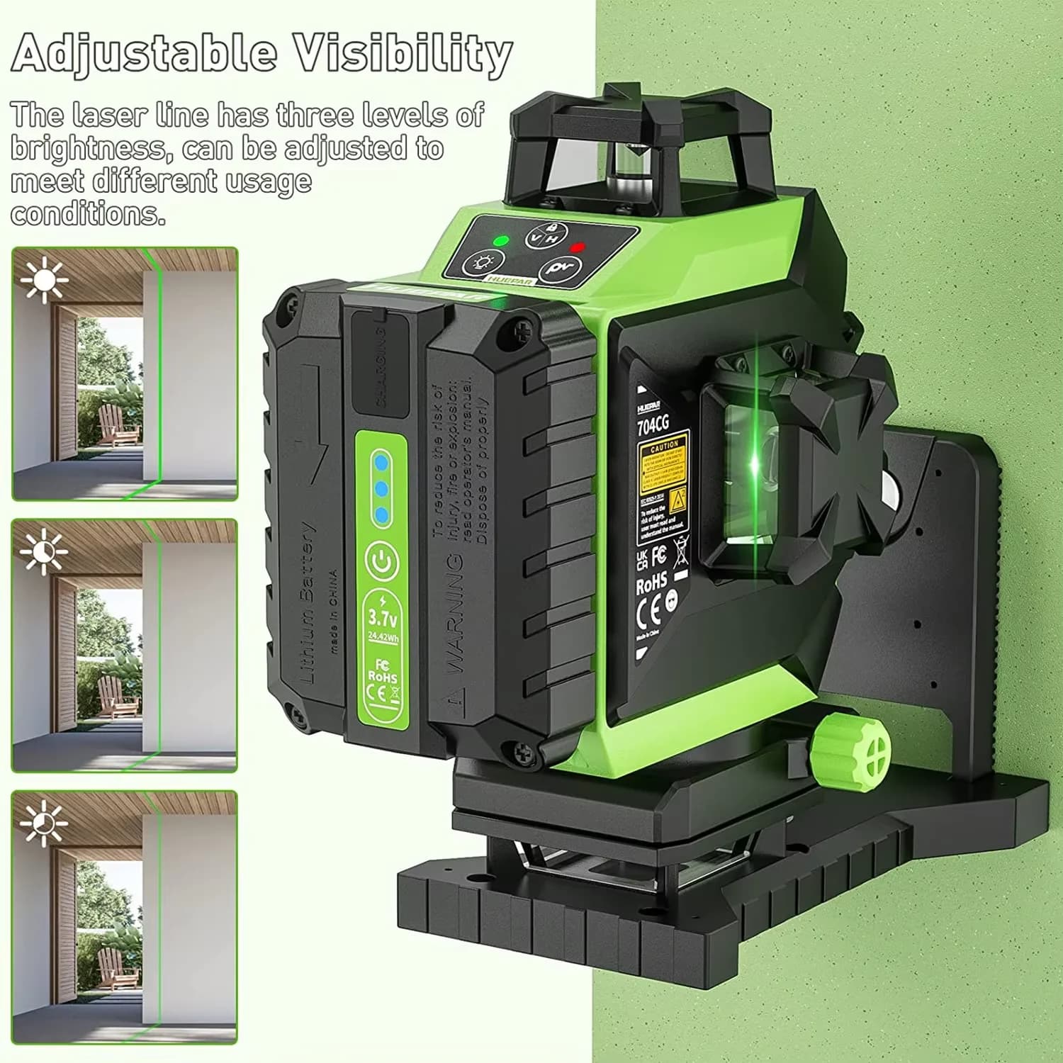 Nível a Laser Huepar 704CG 16 Linhas 4D com Auto Nivelamento, Linha Cruzada Verde, Ajuste de Nível e Alinhamento Brilhante, Ferramenta a Laser com Bateria de Íons de Lítio