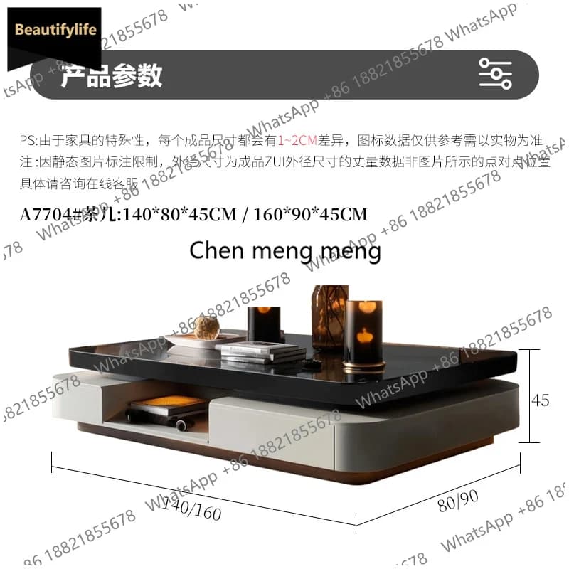 Mesa de Centro Nórdica de Luxo c139 com Tampo de Vidro Branco e Gaveta Decorativa Preta para Sala de Estar