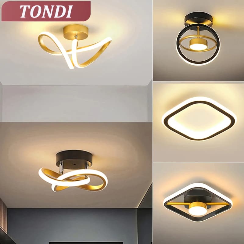 Luminárias de teto LED modernas estilo nórdico, diferentes formas e cores, dourado e branco.