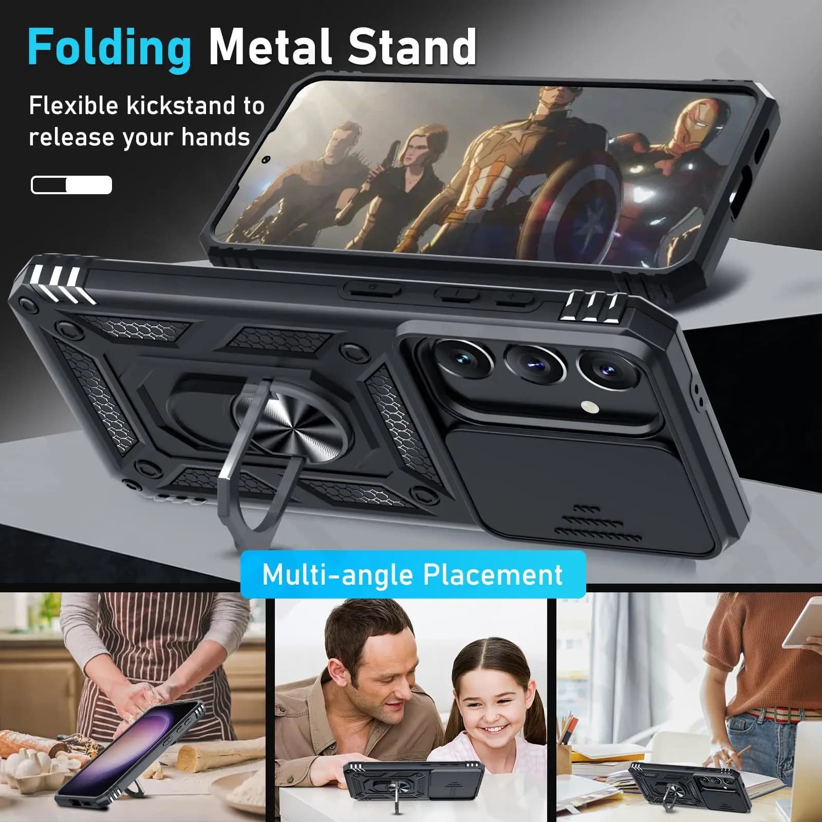 Capa preta para Samsung Galaxy com suporte metálico dobrável e tampa deslizante para proteção militar