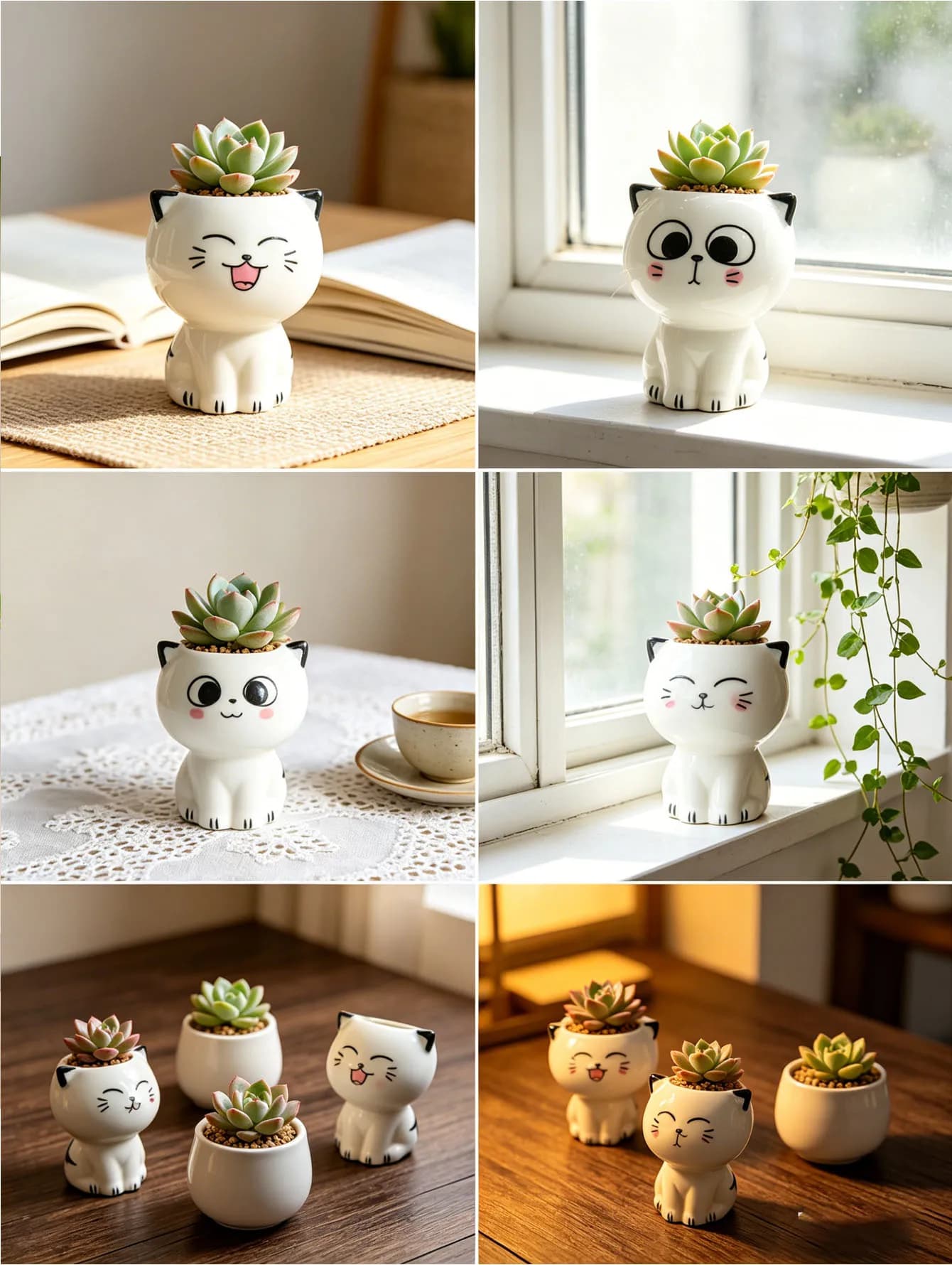 Vaso de cerâmica em formato de gato com suculenta, branco com detalhes pretos