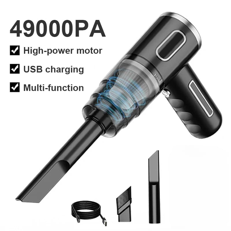 Aspirador de mão portátil preto e cinza com luz LED e potência de sucção de 49000PA