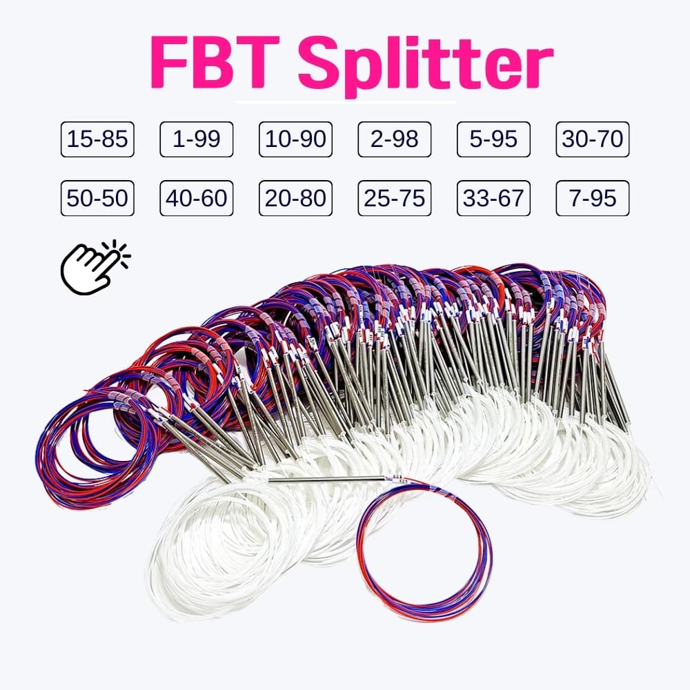 Divisor de fibra óptica fbt, divisor de proporção personalizada 1x2, sem conector, acoplador de fibra 1/99 2/98 5/95 10/90 15/85 25/75 com 10 peças