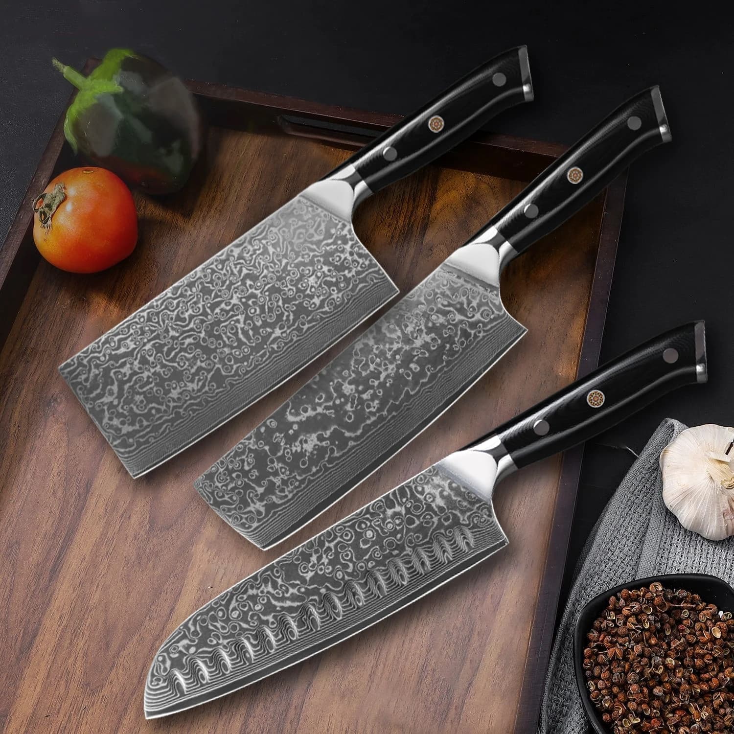 Conjunto de facas de chef profissionais com cabo preto e lâminas de aço damasco