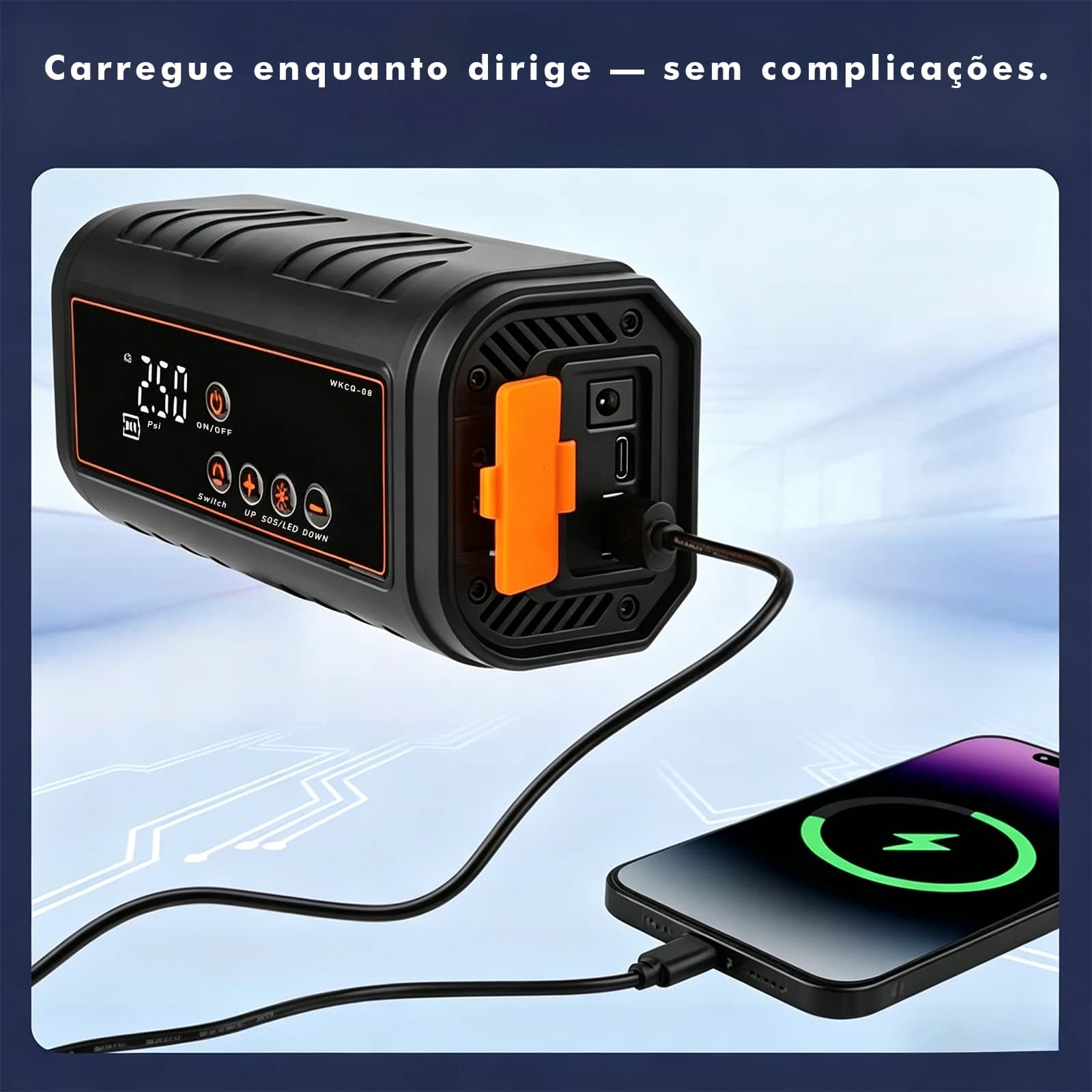 Power Bank com Compressor de Ar para Carro 2 em 1 Arranque de Emergência 8000mAh Inflador de Pneus Luz SOS Carregamento Tipo-C