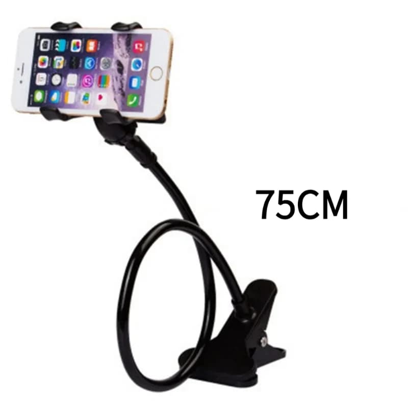 Suporte para celular universal preto com braço longo flexível de 75 cm e clipe para fixar em superfícies diversas