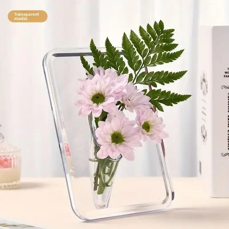 Vaso acrílico transparente com flores rosas e folhas verdes para decoração