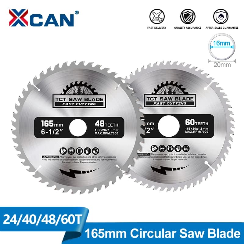 Xcan 1pc 165mm 24/40/48/60t lâminas de serra de madeira de carboneto para ferramenta elétrica multifuncional tct lâmina de serra circular disco de corte de madeira