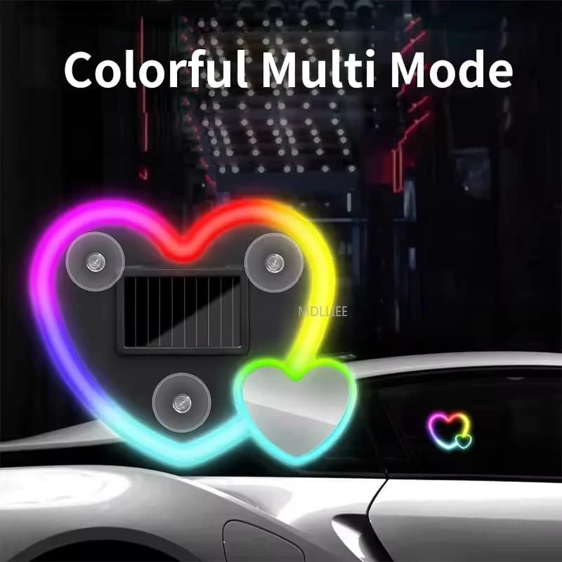 Luz Neon Solar para Carro em Formato de Coração, Multicolorida, com Ventosa
