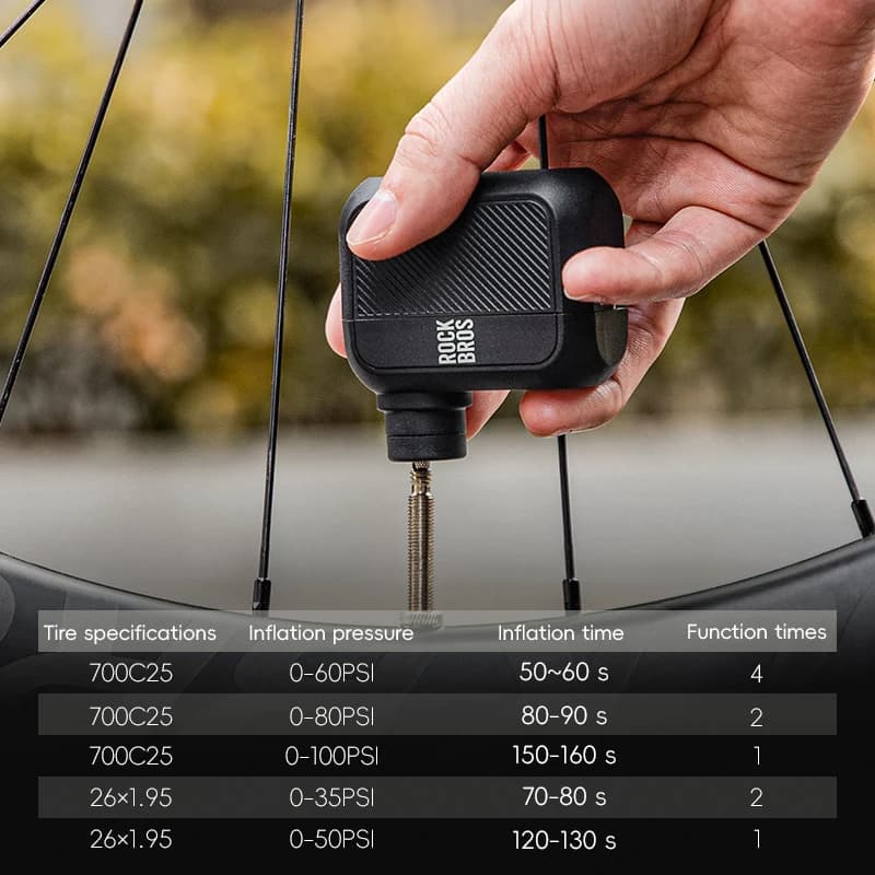 Bomba de ar elétrica portátil Rockbros sendo usada para encher pneu de bicicleta com especificações de pressão e tempo
