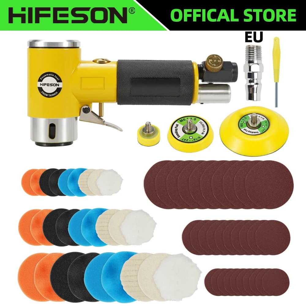 Lixadeira de ar orbital mini pneumática Hifeson com acessórios