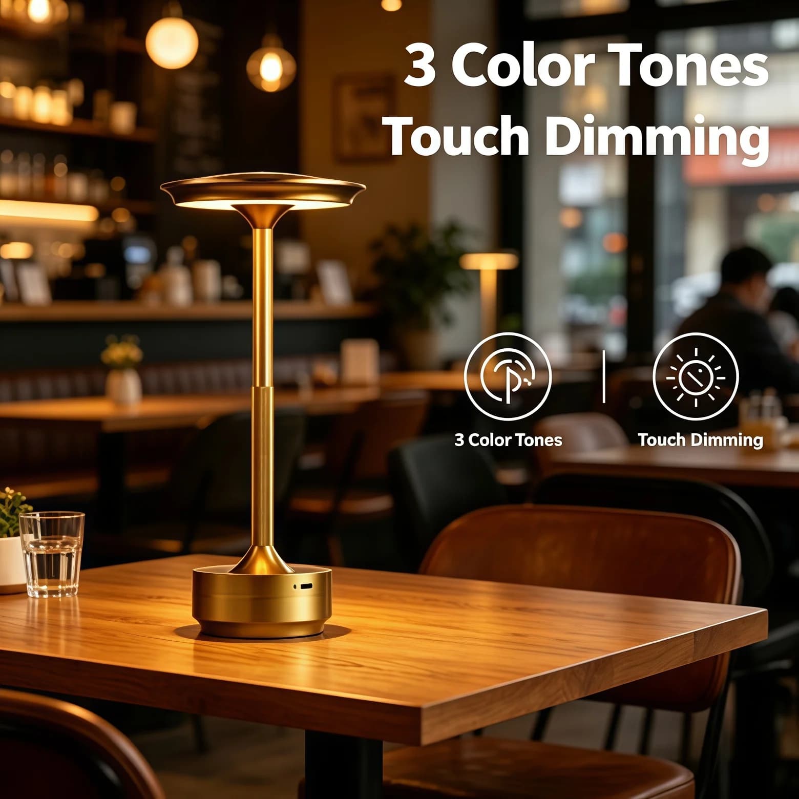 Luminária de mesa LED retrô com interruptor de toque e ajuste de brilho, iluminando uma mesa de madeira.