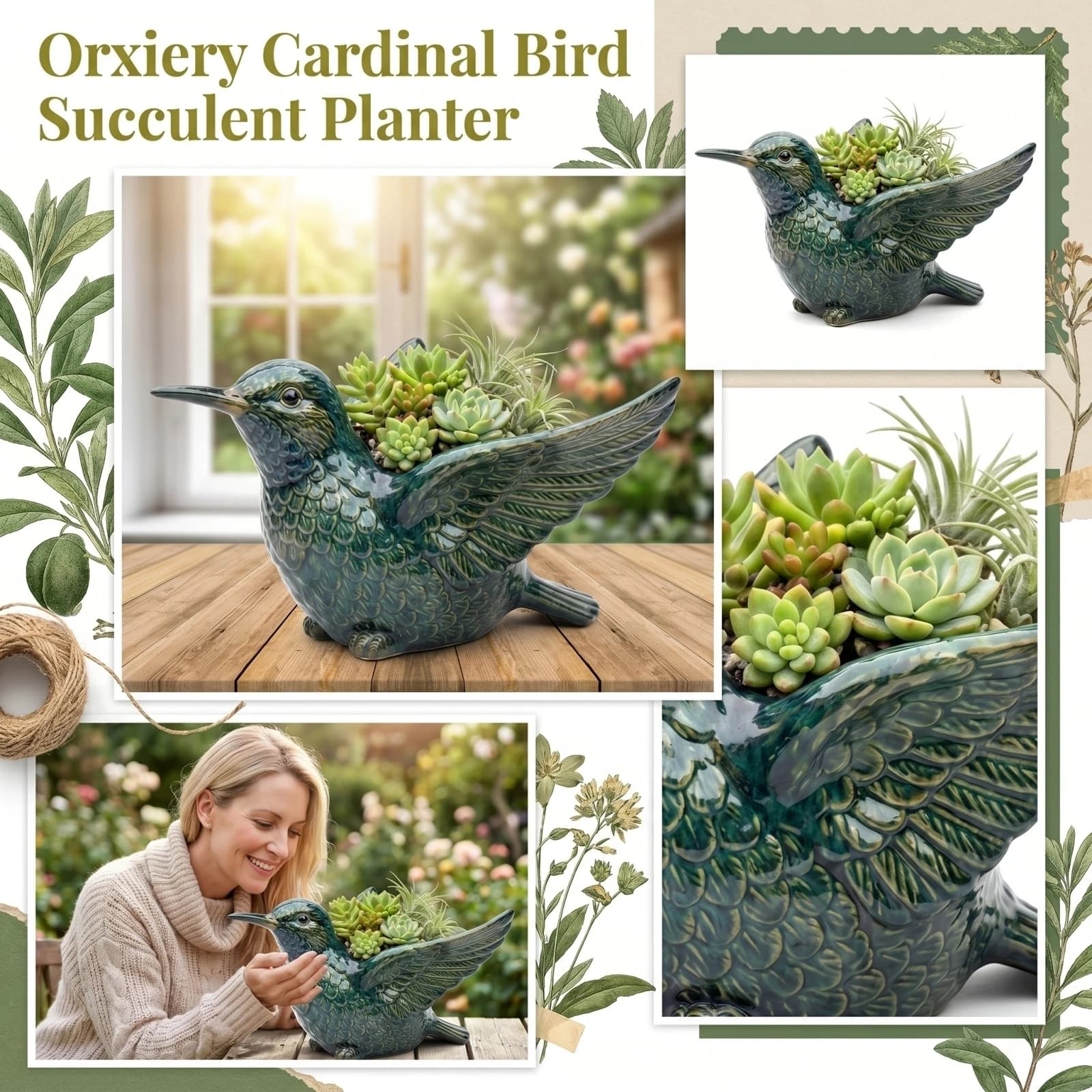 Vaso para plantas Green Sparrow verde em formato de pássaro com suculentas decorativas